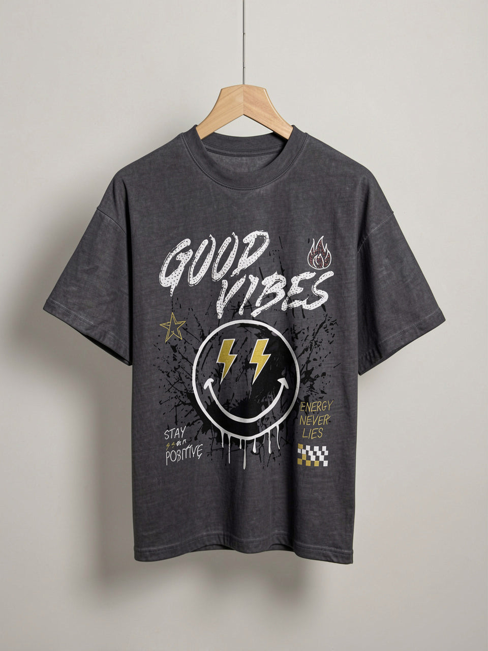 "Good Vibes" Dripping Smiley Heavyweight Tee – Vintage Grey