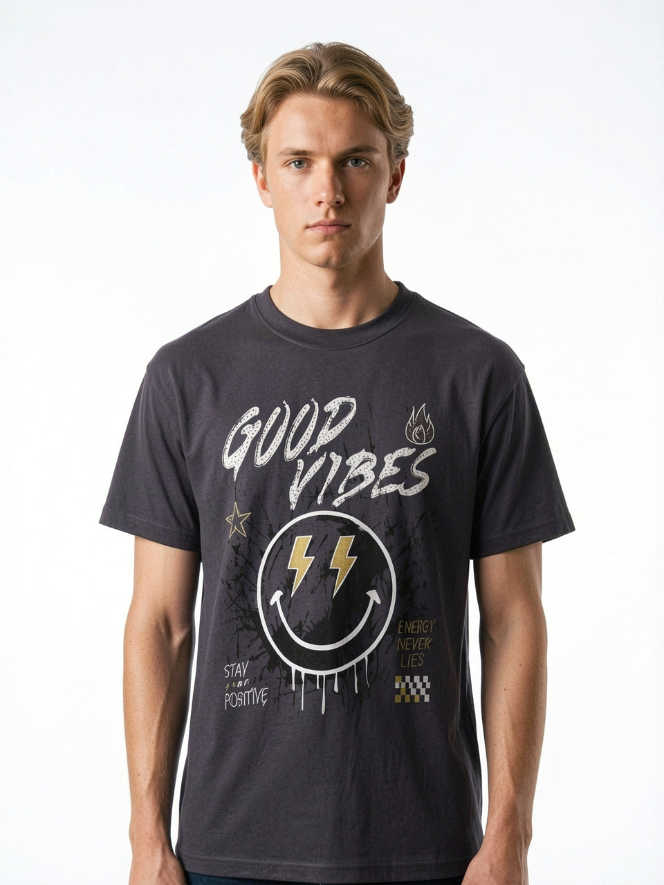 "Good Vibes" Dripping Smiley Heavyweight Tee – Vintage Grey