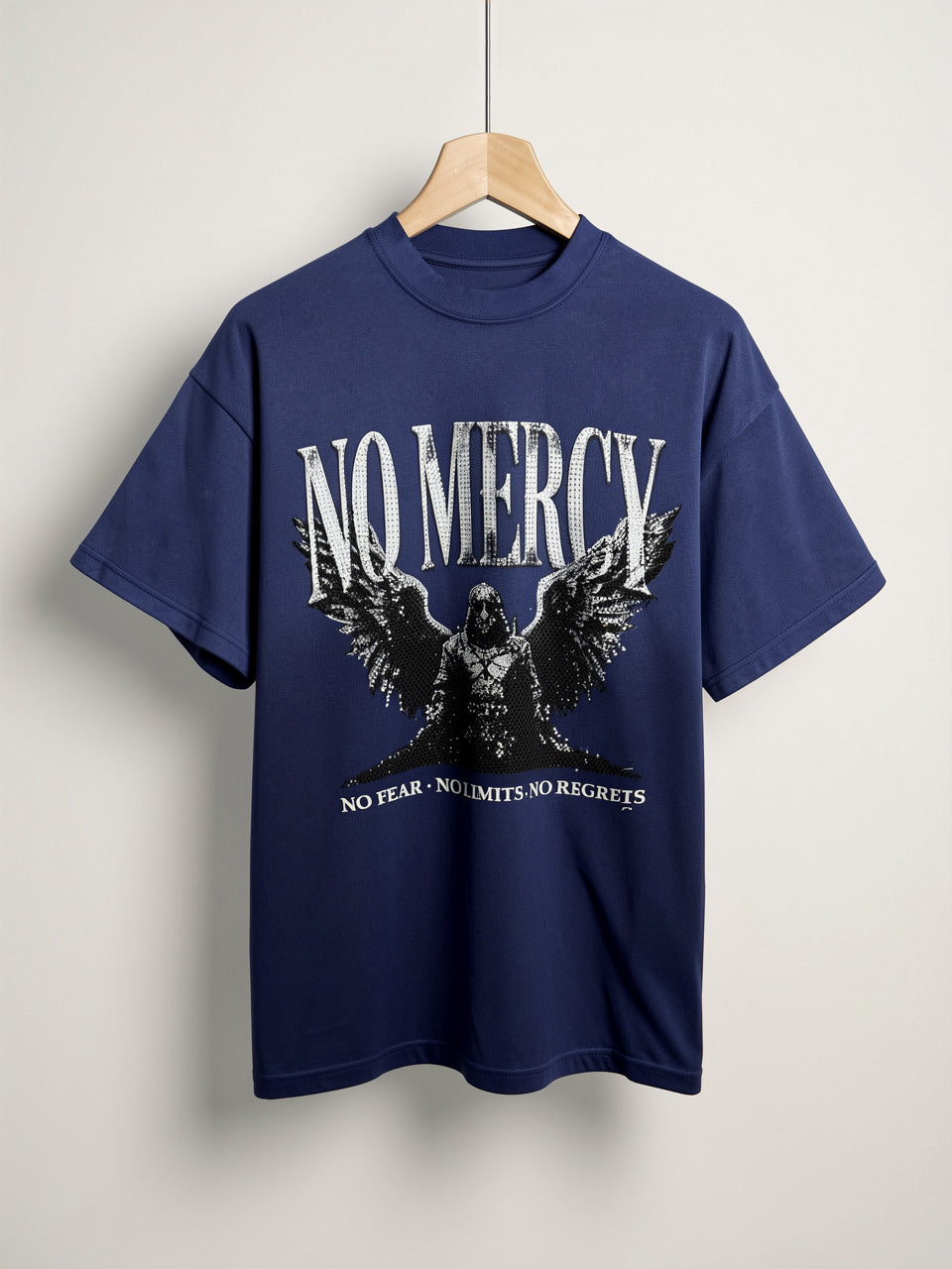 "No Mercy" Winged Reaper Oversized Tee – Midnight Navy