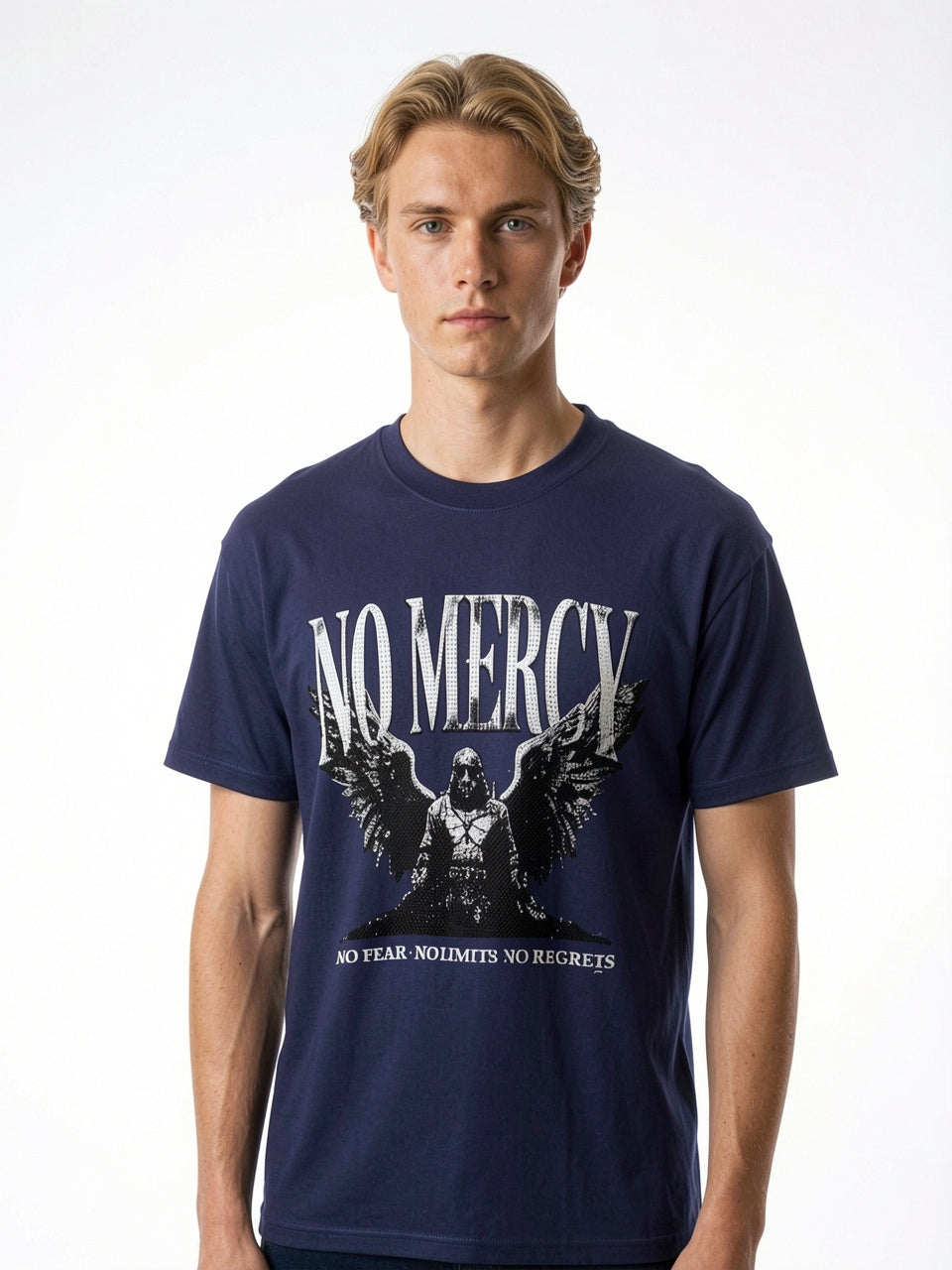 "No Mercy" Winged Reaper Oversized Tee – Midnight Navy