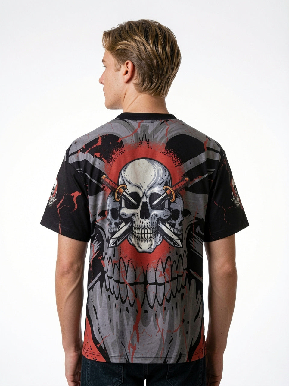 "No Rules No Mercy" All-Over Print Oversized Tee – Crimson / Black