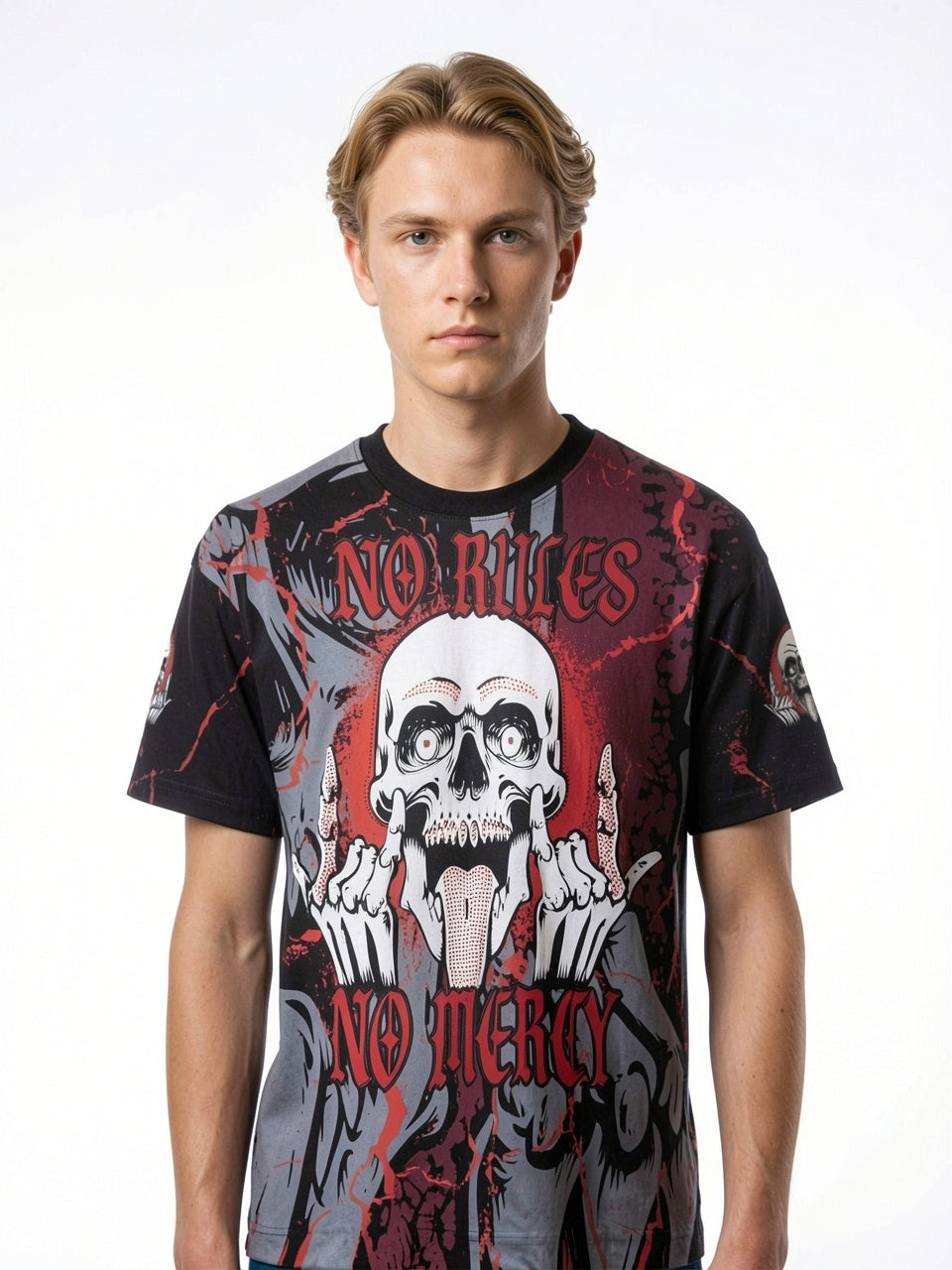 "No Rules No Mercy" All-Over Print Oversized Tee – Crimson / Black