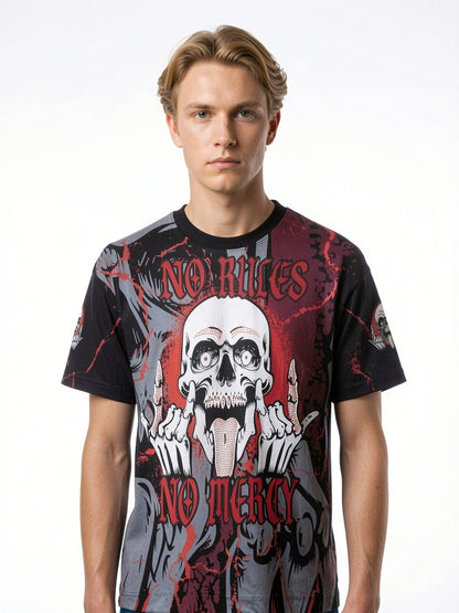 "No Rules No Mercy" All-Over Print Oversized Tee – Crimson / Black