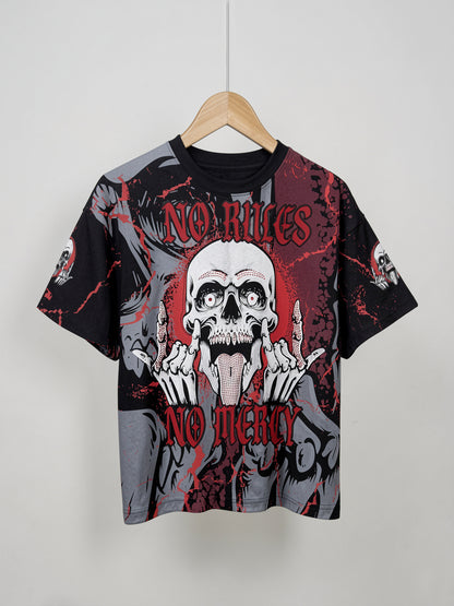 "No Rules No Mercy" All-Over Print Oversized Tee – Crimson / Black