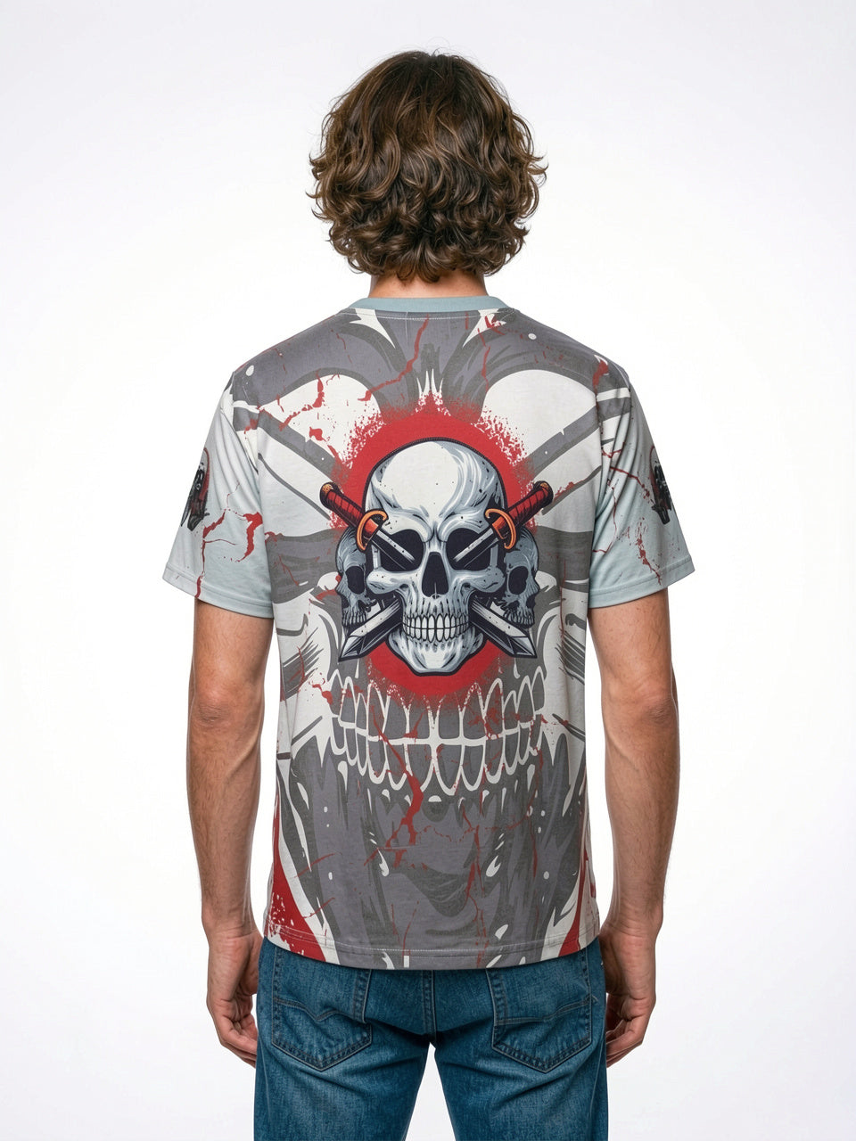 "No Rules No Mercy" All-Over Print Oversized Tee – White / Crimson