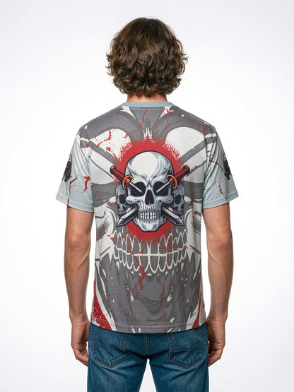 "No Rules No Mercy" All-Over Print Oversized Tee – White / Crimson