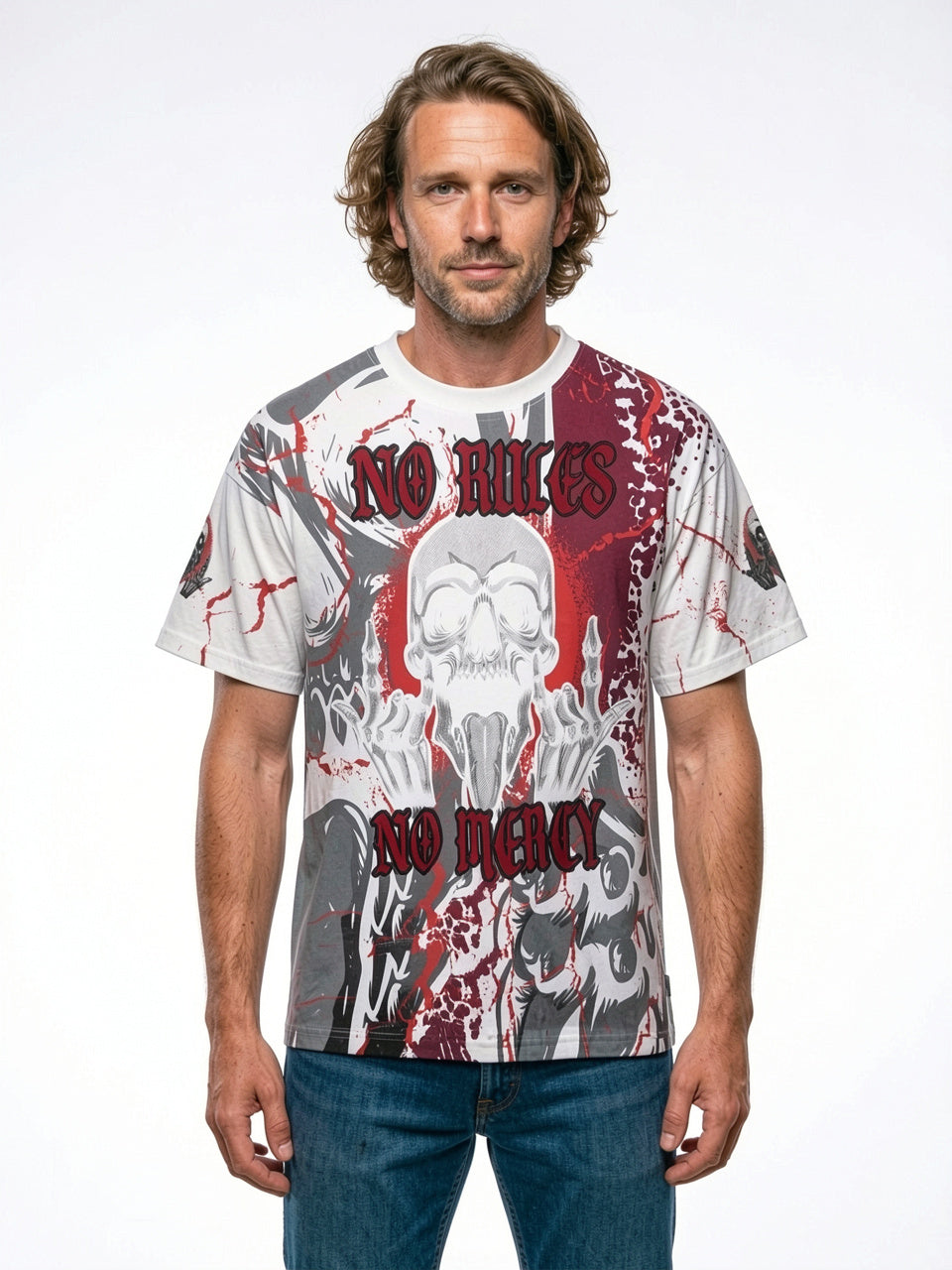"No Rules No Mercy" All-Over Print Oversized Tee – White / Crimson