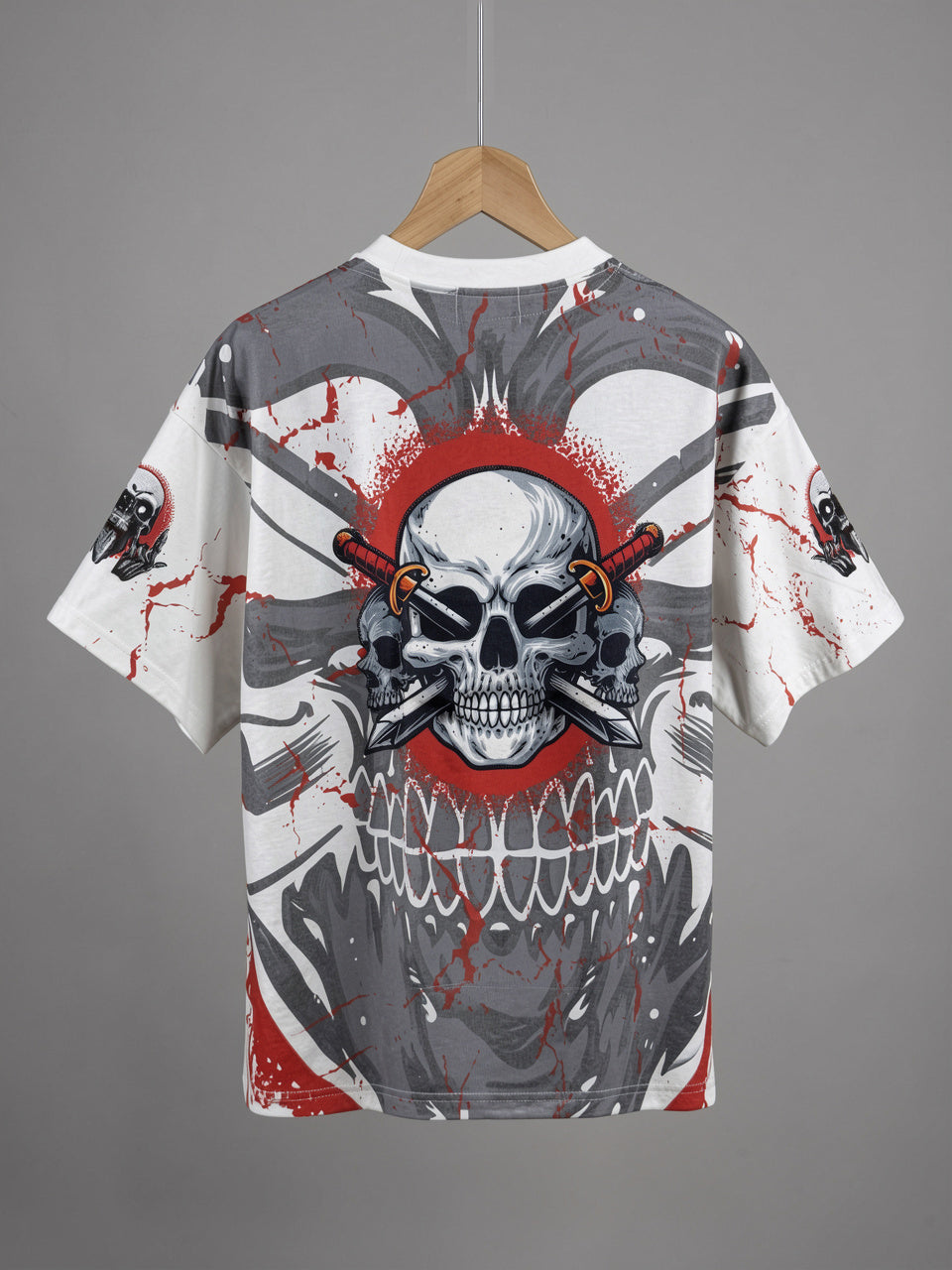 "No Rules No Mercy" All-Over Print Oversized Tee – White / Crimson
