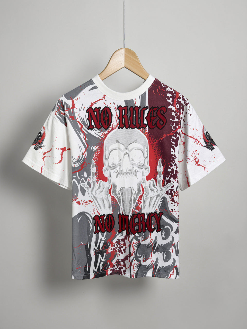 "No Rules No Mercy" All-Over Print Oversized Tee – White / Crimson