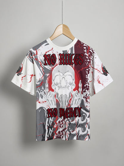 "No Rules No Mercy" All-Over Print Oversized Tee – White / Crimson