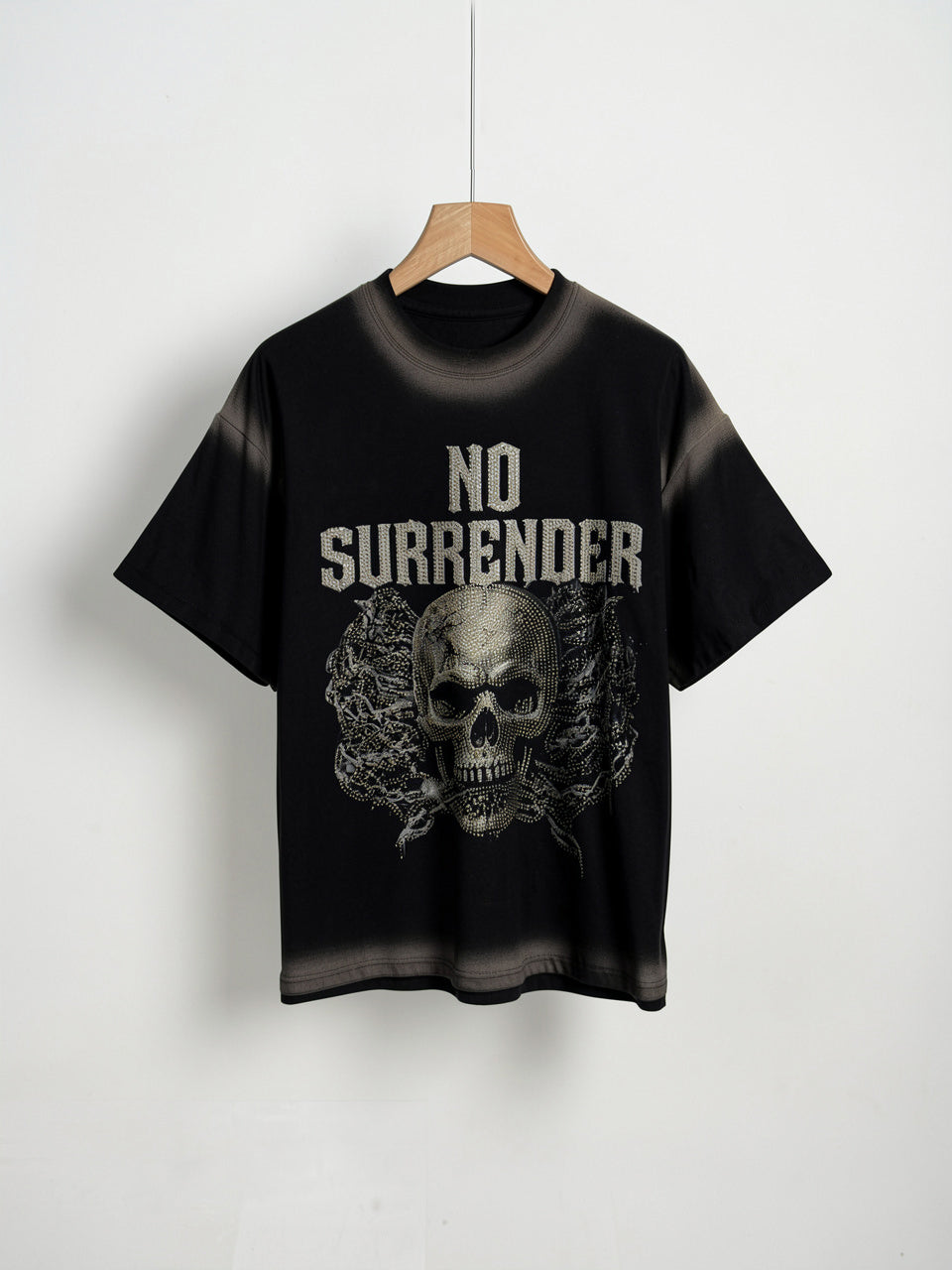 "No Surrender" Rhinestone Skull Heavyweight Tee – Sun-Faded Black