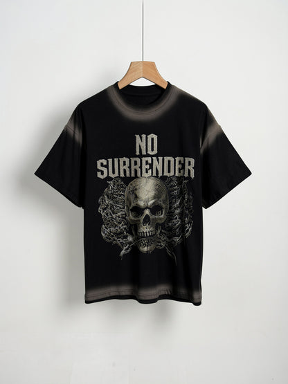 "No Surrender" Rhinestone Skull Heavyweight Tee – Sun-Faded Black
