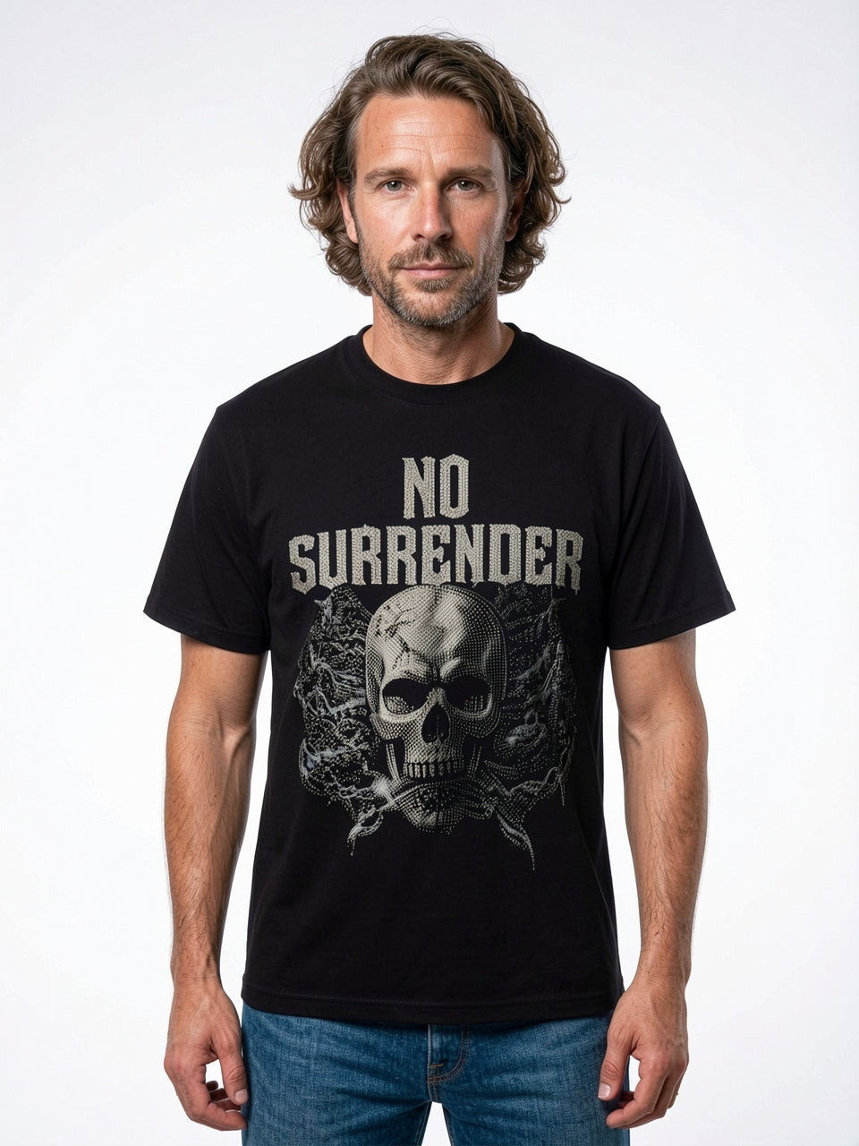"No Surrender" Rhinestone Skull Heavyweight Tee – Sun-Faded Black