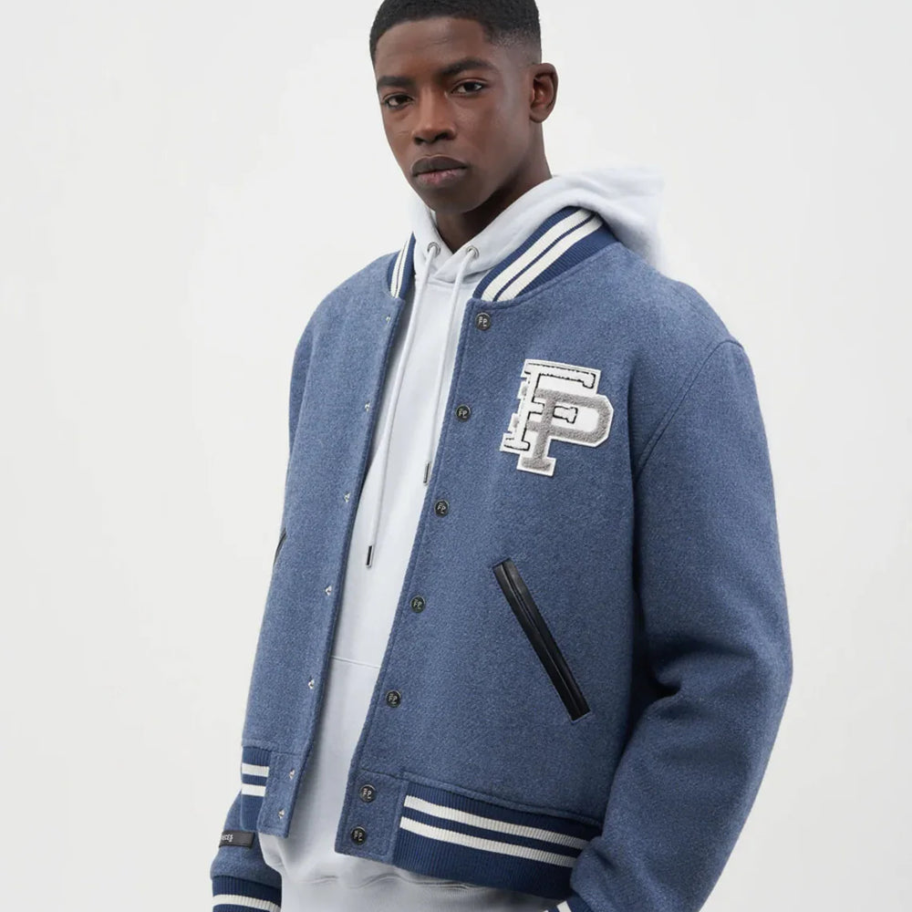Oversized Collegiate Wool Bomber Jacket – Slate Blue