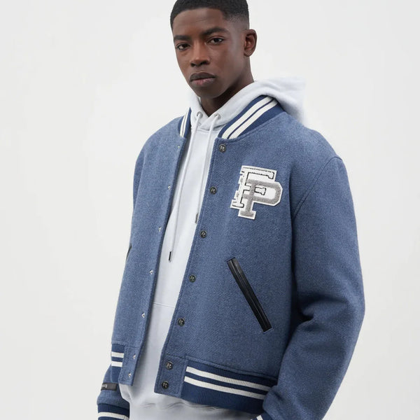 Oversized Collegiate Wool Bomber Jacket – Slate Blue